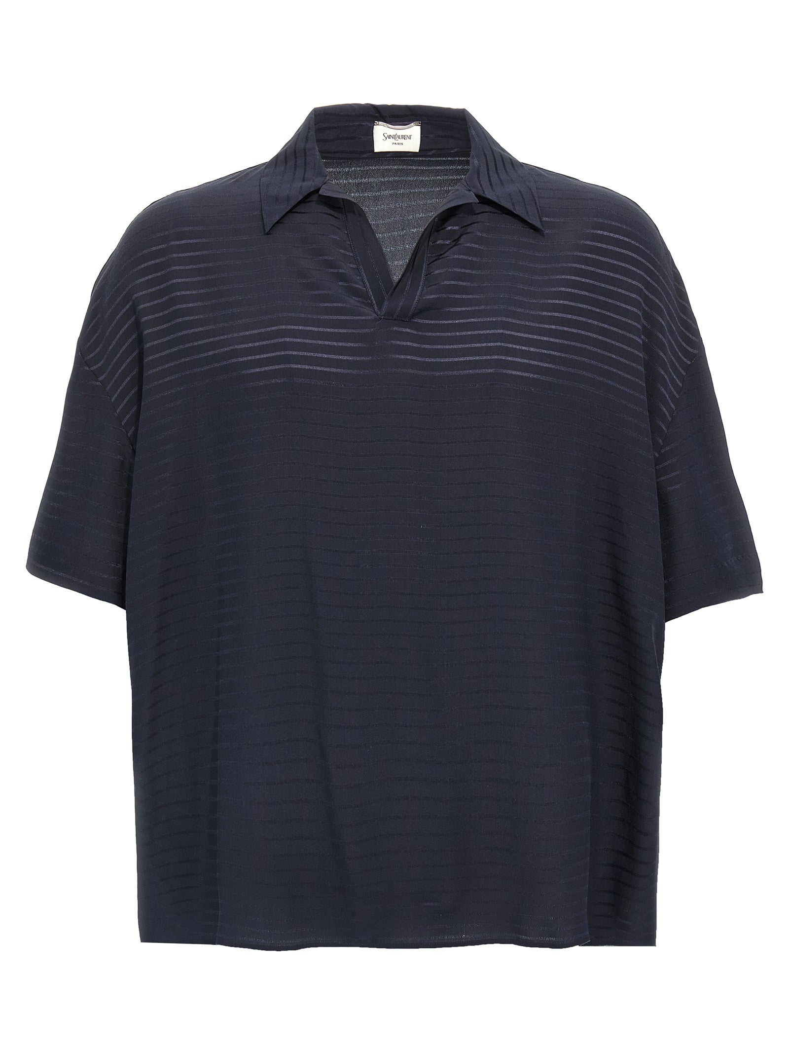 This Polo Shirt by Saint Laurent for men in silk blue, patterned & striped presents a flawless silhouette, showcasing flawless short-sleeve detailing and a refined v-neck neckline for a truly flawless aesthetic.