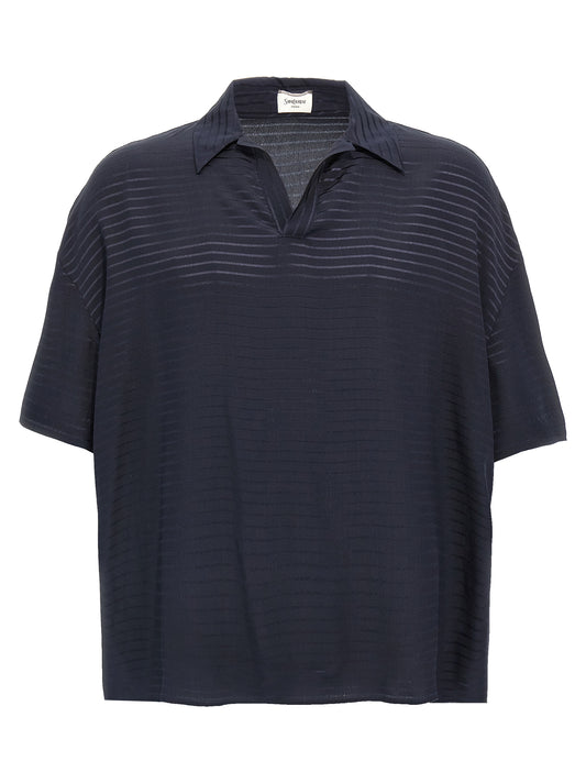 This Polo Shirt by Saint Laurent for men in silk blue, patterned & striped presents a flawless silhouette, showcasing flawless short-sleeve detailing and a refined v-neck neckline for a truly flawless aesthetic.