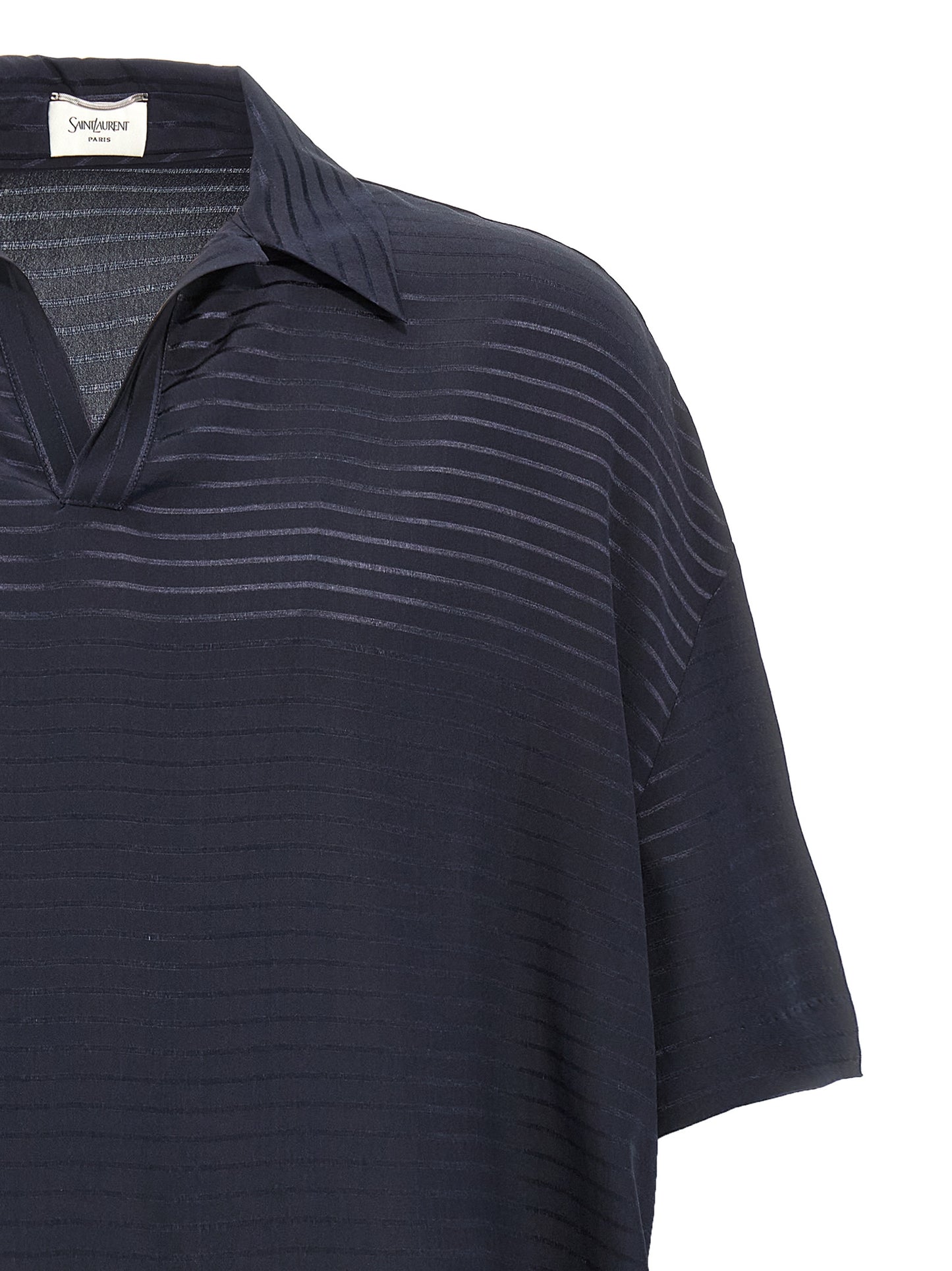 Polo Shirt by Saint Laurent for men in silk blue, patterned & striped presents a distinguished silhouette, showcasing a sophisticated v-neck neckline and distinguished for a truly distinguished finish.