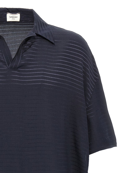 Polo Shirt by Saint Laurent for men in silk blue, patterned & striped presents a distinguished silhouette, showcasing a sophisticated v-neck neckline and distinguished for a truly distinguished finish.