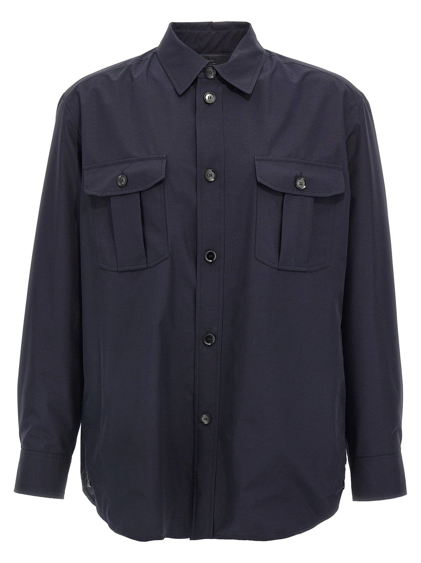 Jacket by Brioni for men in silk blue showcases a contemporary silhouette, detailed with a contemporary wrap shirt-collar neckline and premium pockets for a sophisticated finish.