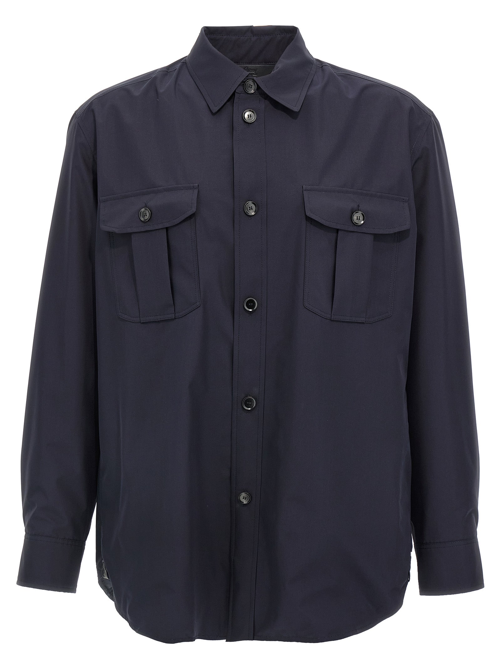 Jacket by Brioni for men in silk blue showcases a contemporary silhouette, detailed with a contemporary wrap shirt-collar neckline and premium pockets for a sophisticated finish.