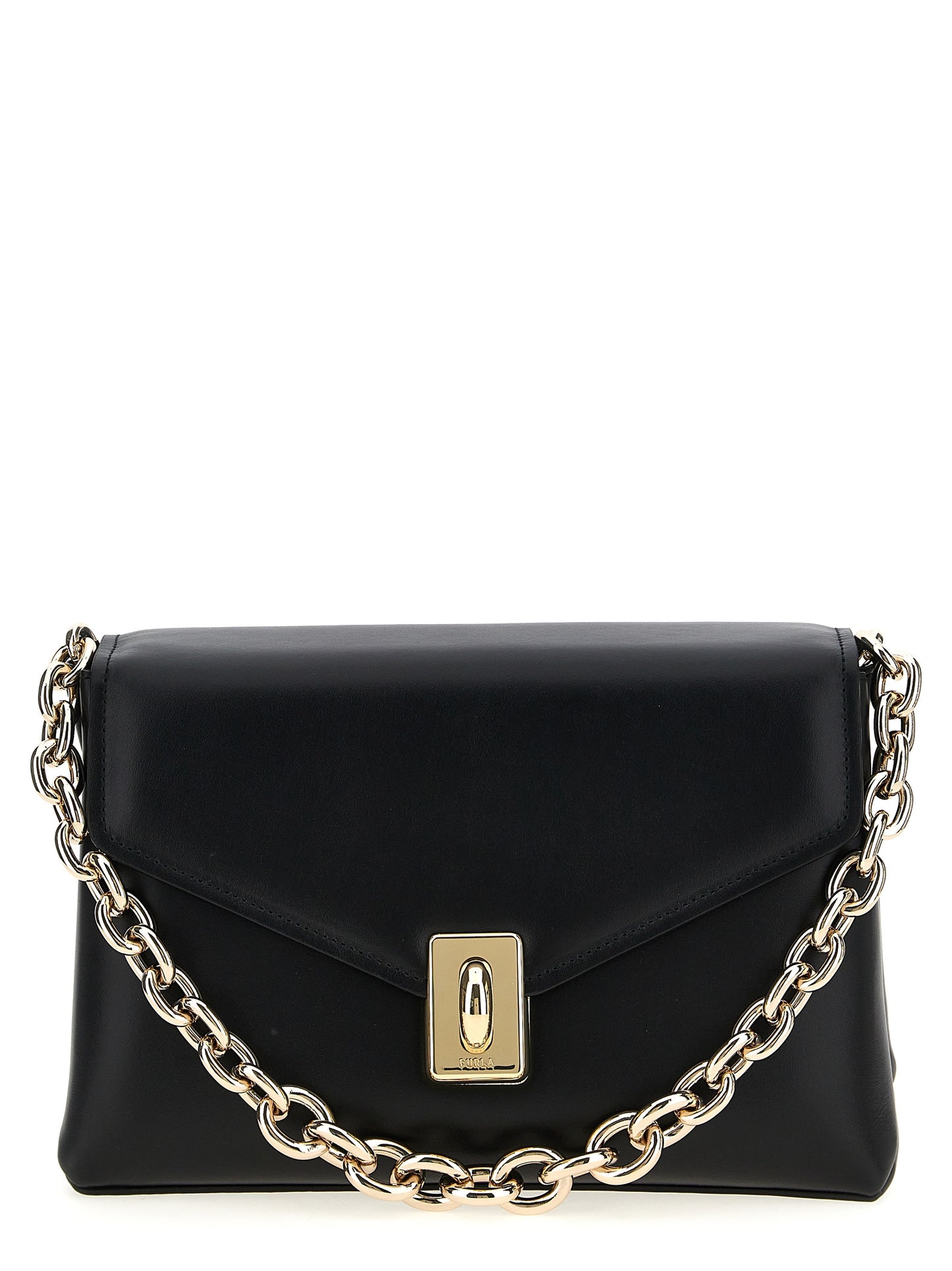 Shoulder Evening Saddle Bag by Furla for women in leather & metal black & signature features a effortless chic silhouette with a secure flap, ample , and versatile shoulder-strap, adjustable-strap & handle for a effortless chic finish.