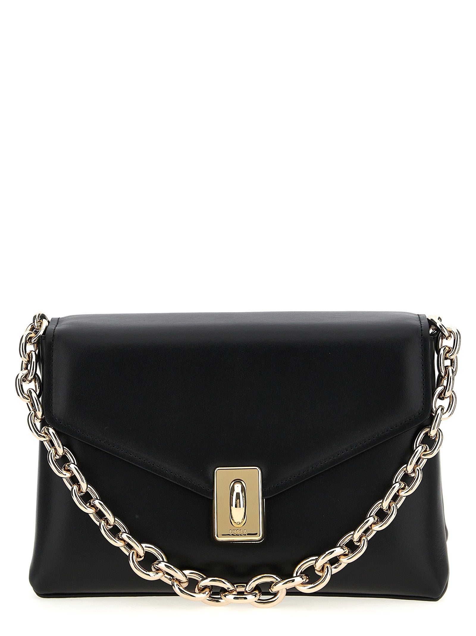 Shoulder Evening Saddle Bag by Furla for women in leather & metal black & signature features a effortless chic silhouette with a secure flap, ample , and versatile shoulder-strap, adjustable-strap & handle for a effortless chic finish.