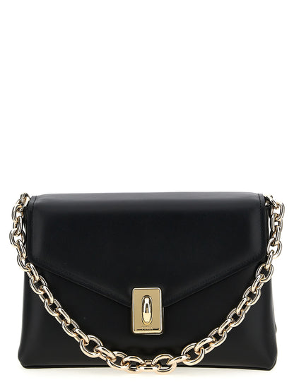 Shoulder Evening Saddle Bag by Furla for women in leather & metal black & signature features a effortless chic silhouette with a secure flap, ample , and versatile shoulder-strap, adjustable-strap & handle for a effortless chic finish.