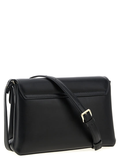 Shoulder Evening Saddle Bag by Furla for women in leather & metal black & signature presents a versatile silhouette, showcasing a secure flap and versatile with versatile shoulder-strap, adjustable-strap & handle for a sophisticated look.