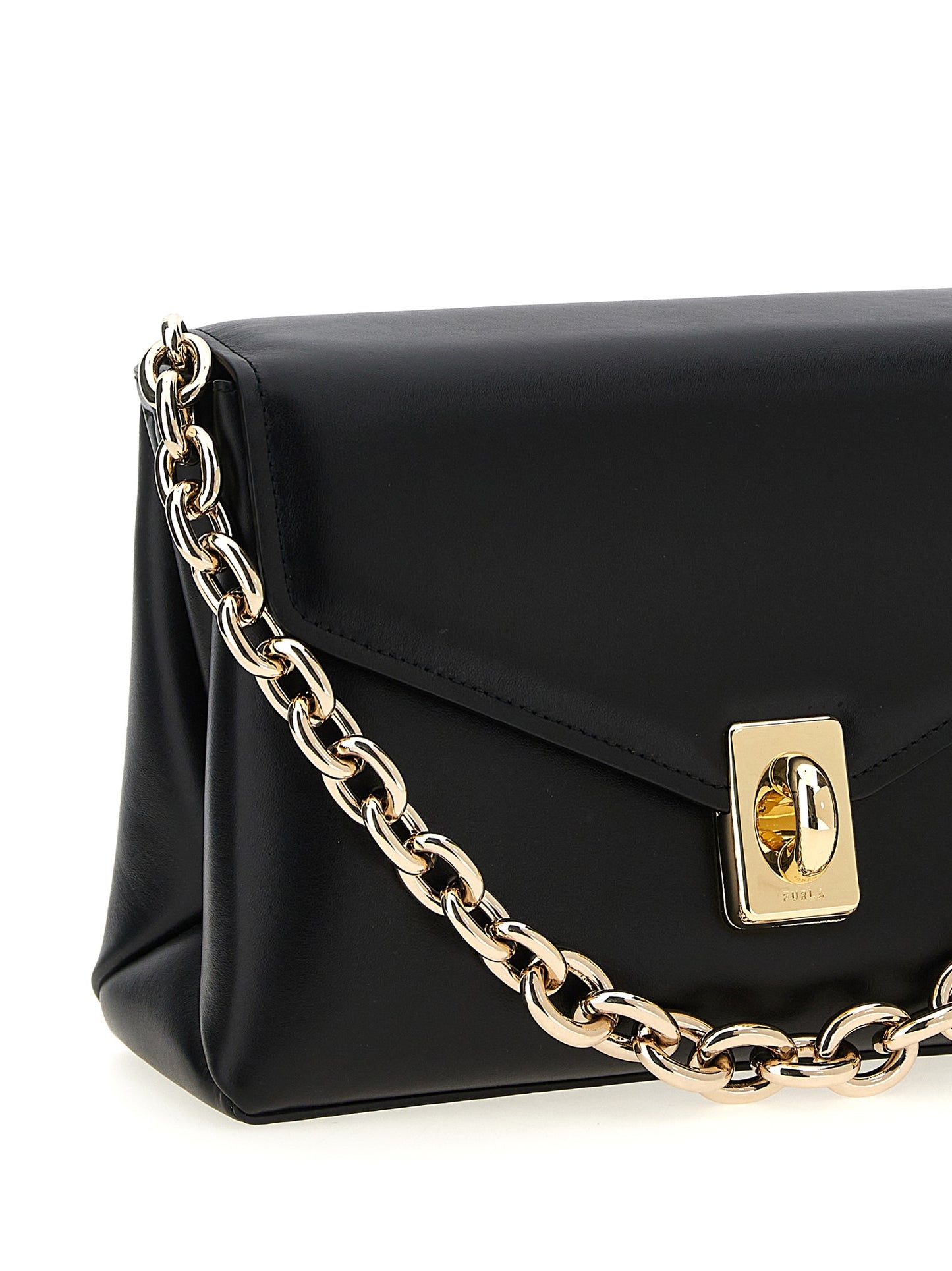 Shoulder Evening Saddle Bag by Furla for women in leather & metal black & signature features an effortlessly chic silhouette with a secure flap, ample , and versatile shoulder-strap, adjustable-strap & handle for effortlessly chic everyday luxury.