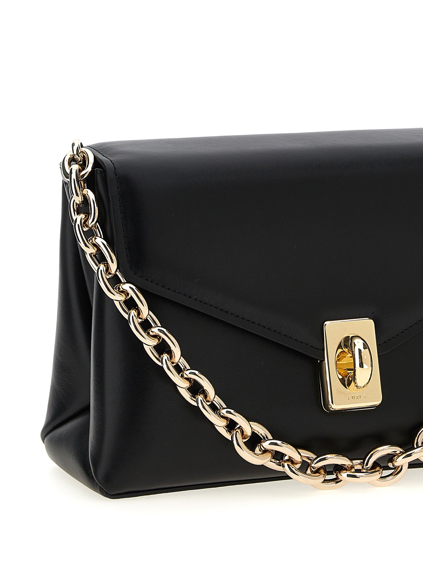 Shoulder Evening Saddle Bag by Furla for women in leather & metal black & signature features an effortlessly chic silhouette with a secure flap, ample , and versatile shoulder-strap, adjustable-strap & handle for effortlessly chic everyday luxury.