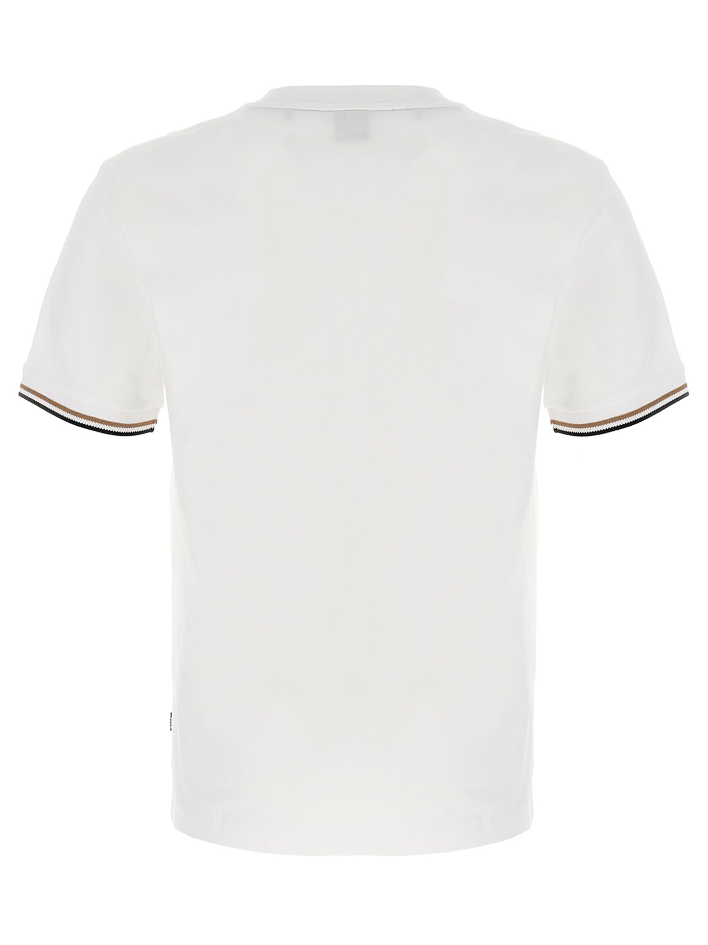 T-Shirt by Hugo Boss for men in cotton white showcases a fashionable silhouette, elegantly detailed with a fashionable and crew neckline for a sophisticated, high-fashion look.