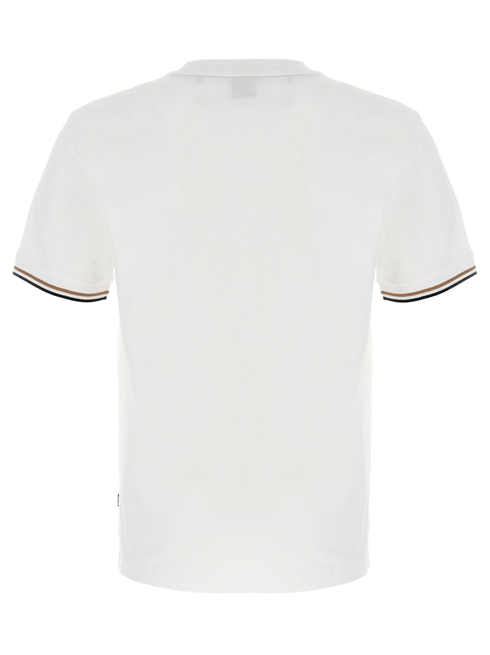 T-Shirt by Hugo Boss for men in cotton white showcases a fashionable silhouette, elegantly detailed with a fashionable and crew neckline for a sophisticated, high-fashion look.