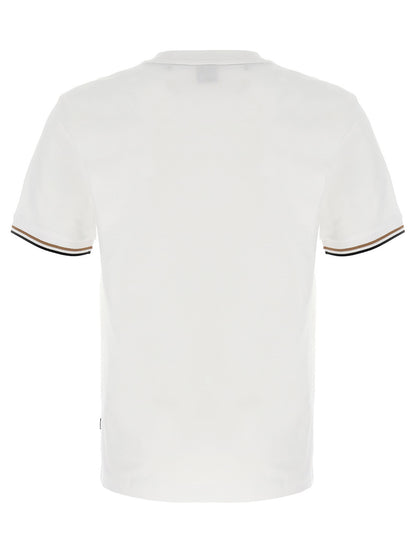T-Shirt by Hugo Boss for men in cotton white showcases a fashionable silhouette, elegantly detailed with a fashionable and crew neckline for a sophisticated, high-fashion look.