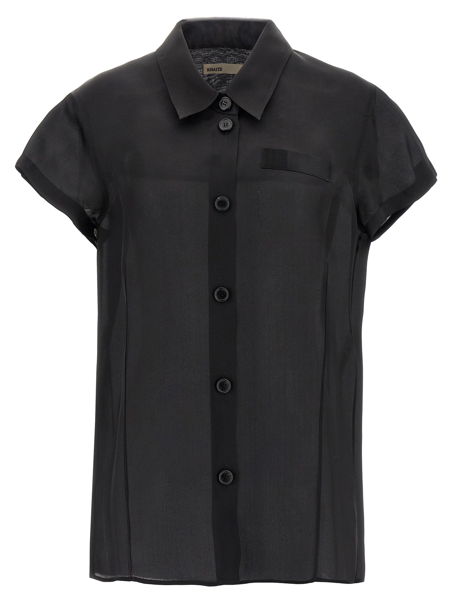 Blouse by Khaite for women in silk black & transparent features an architectural silhouette with a refined short-sleeve and elegant for a architectural look.