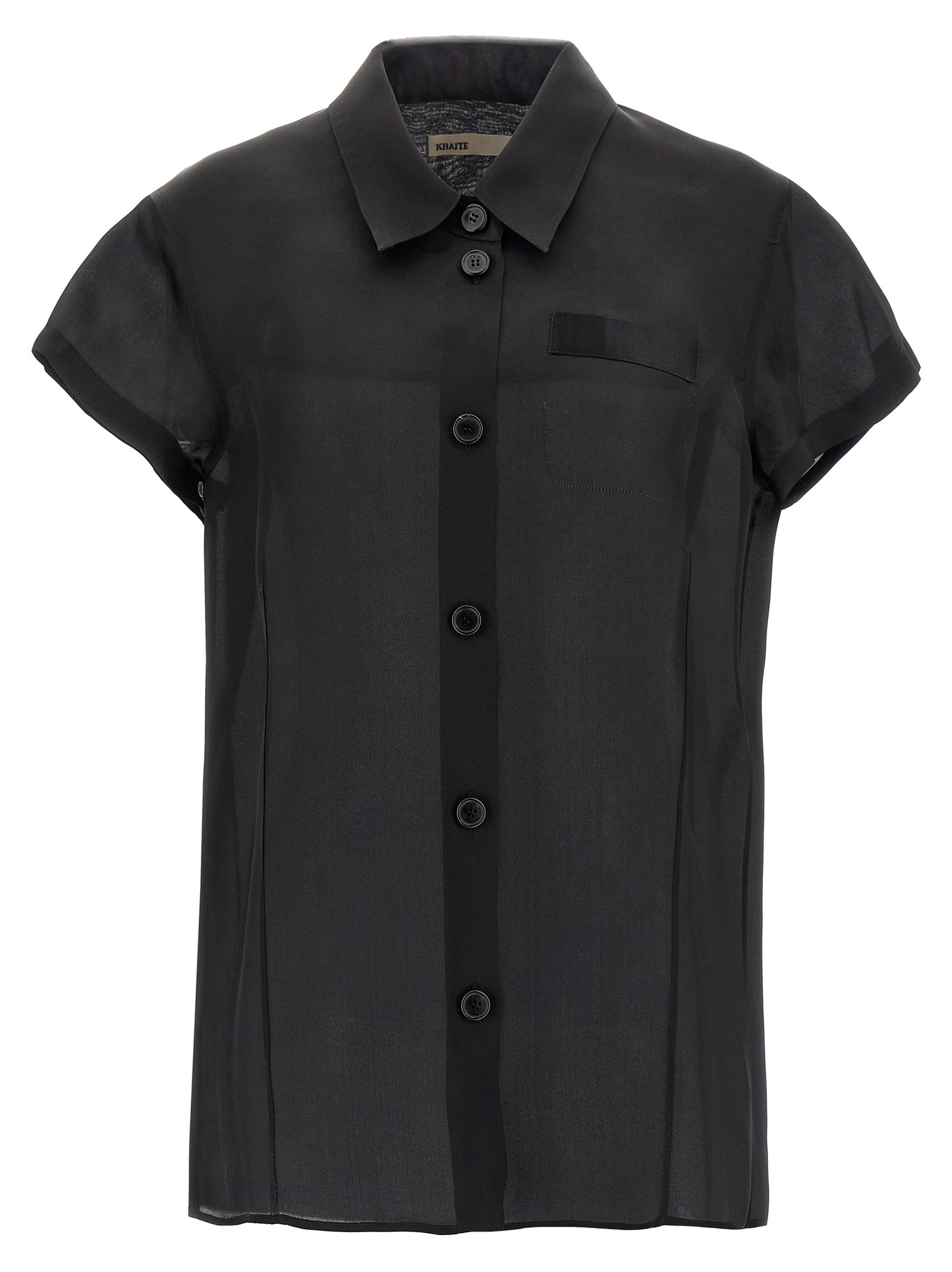 Blouse by Khaite for women in silk black & transparent features an architectural silhouette with a refined short-sleeve and elegant for a architectural look.