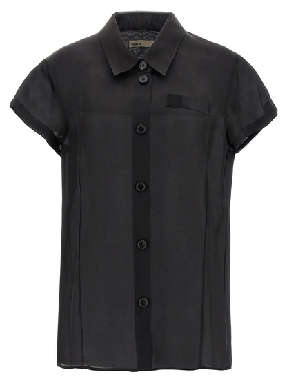 Blouse by Khaite for women in silk black & transparent features an architectural silhouette with a refined short-sleeve and elegant for a architectural look.
