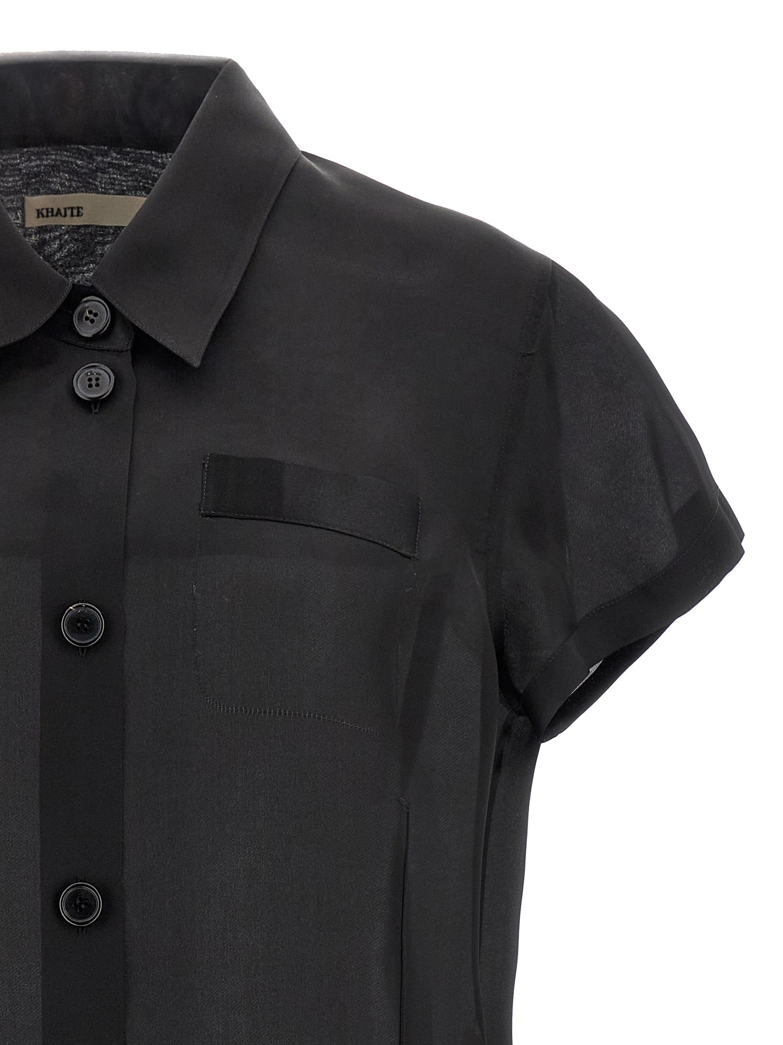 Blouse by Khaite for women in silk black & transparent showcases a sharp silhouette, elegantly detailed with a sharp and sharp .