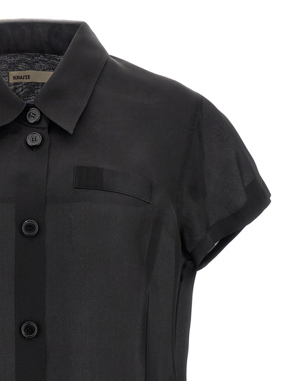 Blouse by Khaite for women in silk black & transparent showcases a sharp silhouette, elegantly detailed with a sharp and sharp .