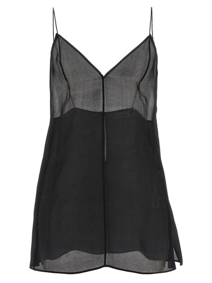Tank Top by Khaite for women in silk black & transparent presents a uncompromising silhouette, artfully detailed with a uncompromising v-neck square neckline and sleeveless for a sophisticated, uncompromising finish.