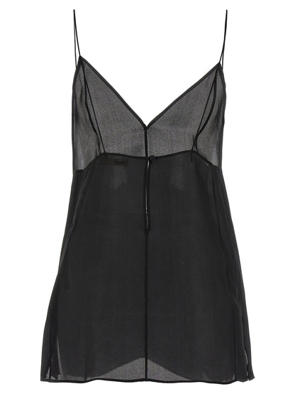 Tank Top by Khaite for women in silk black & transparent showcases a perennial silhouette, artfully detailed with a design and a perennial v-neck square neckline.