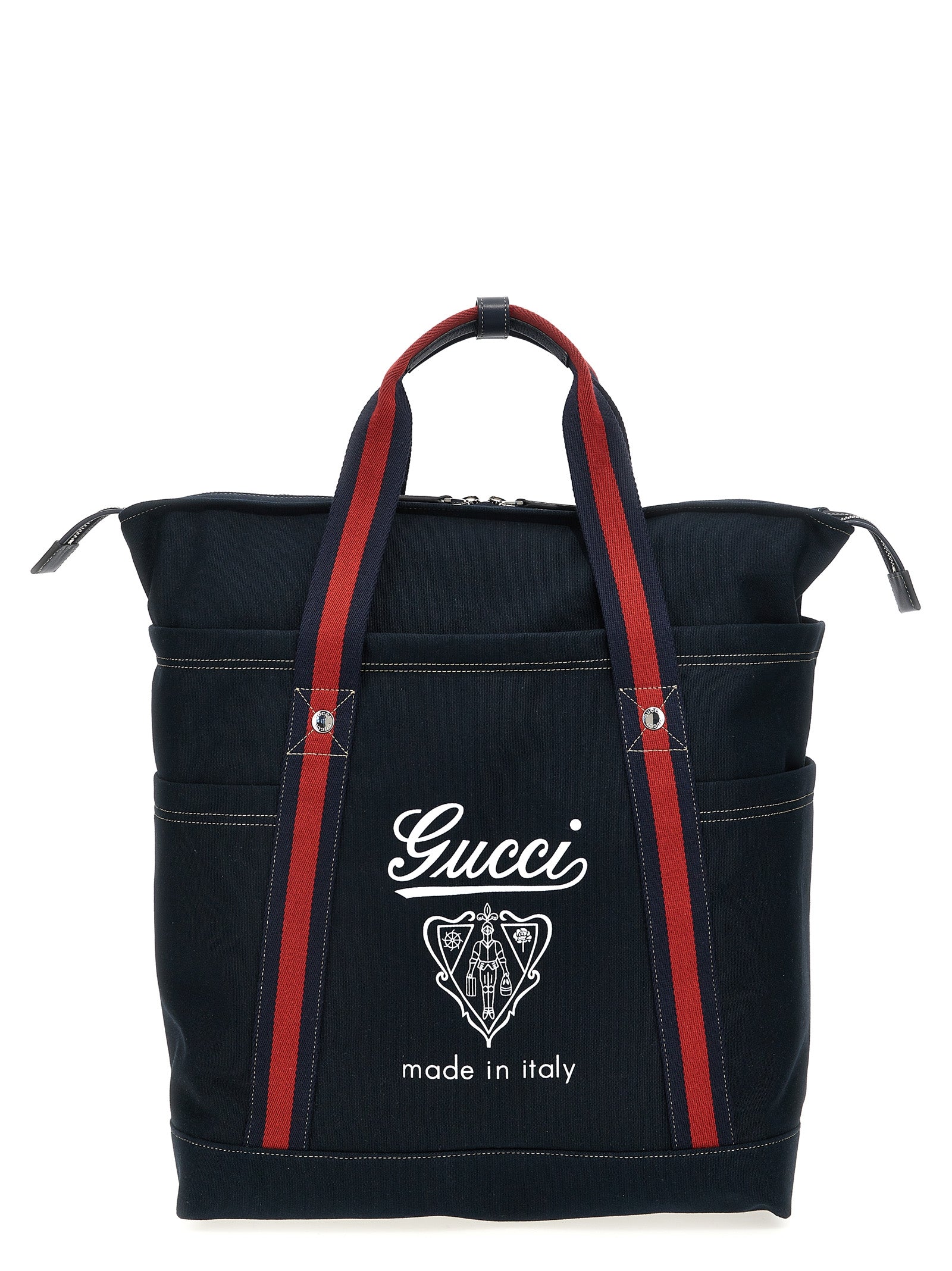 Large Shopper Tote Bag by Gucci for men in cotton & leather blue, signature & print features a distinguished Cotton & Leather Large Shopper Tote Bag design, complete with a secure zipper, ample , and versatile handle for a distinguished look.