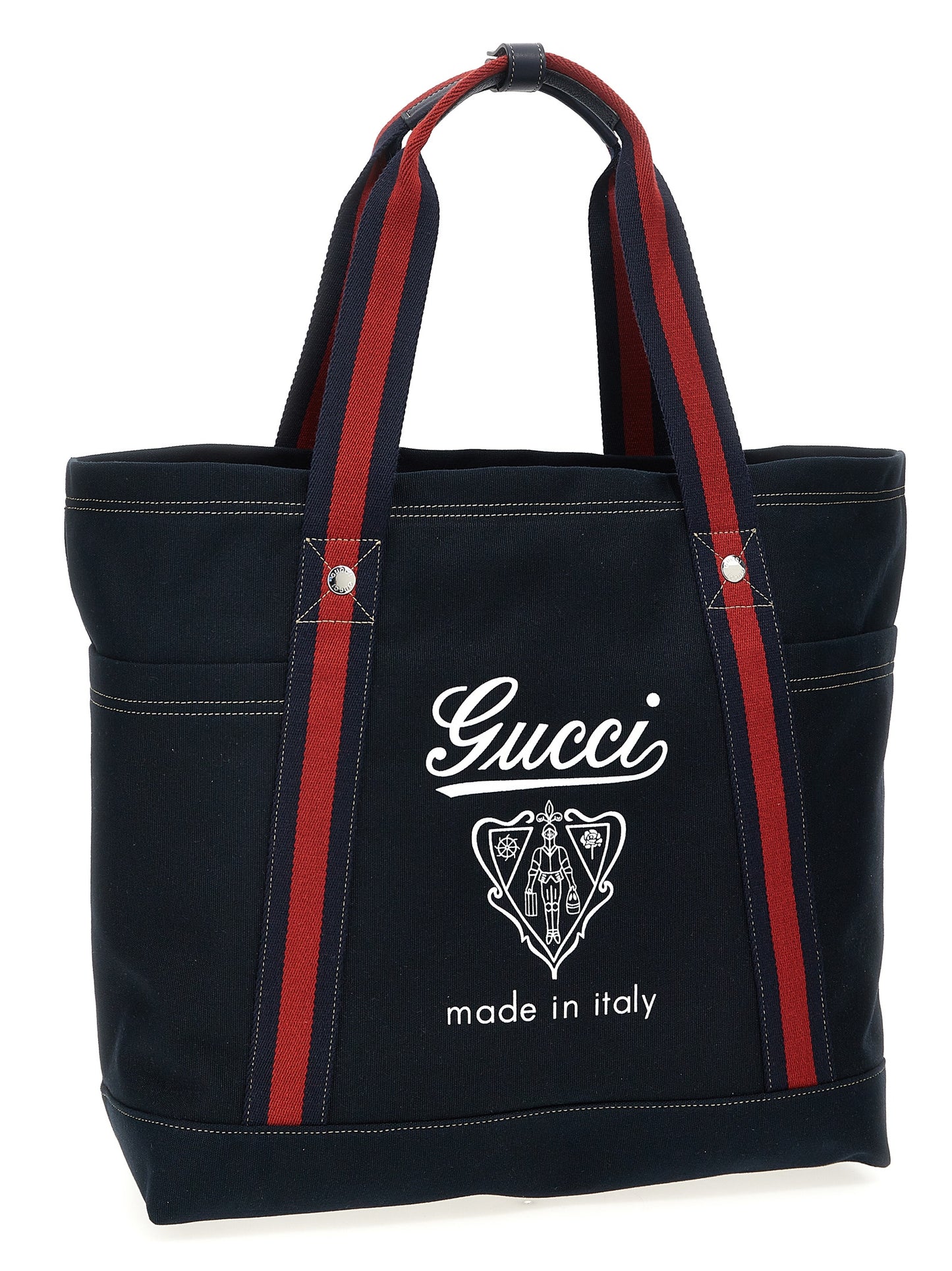 Large Shopper Tote Bag by Gucci for men in cotton & leather blue, signature & print showcases a urban-chic Cotton & Leather Large Shopper Tote Bag design, featuring a secure zipper, ample , and versatile handle for a urban-chic finish.