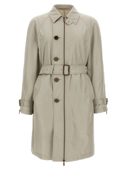 Overcoat by Burberry for men in silk satin gray features an voluminous silhouette, showcasing distinct pockets and a voluminous split neckline for a truly voluminous aesthetic.