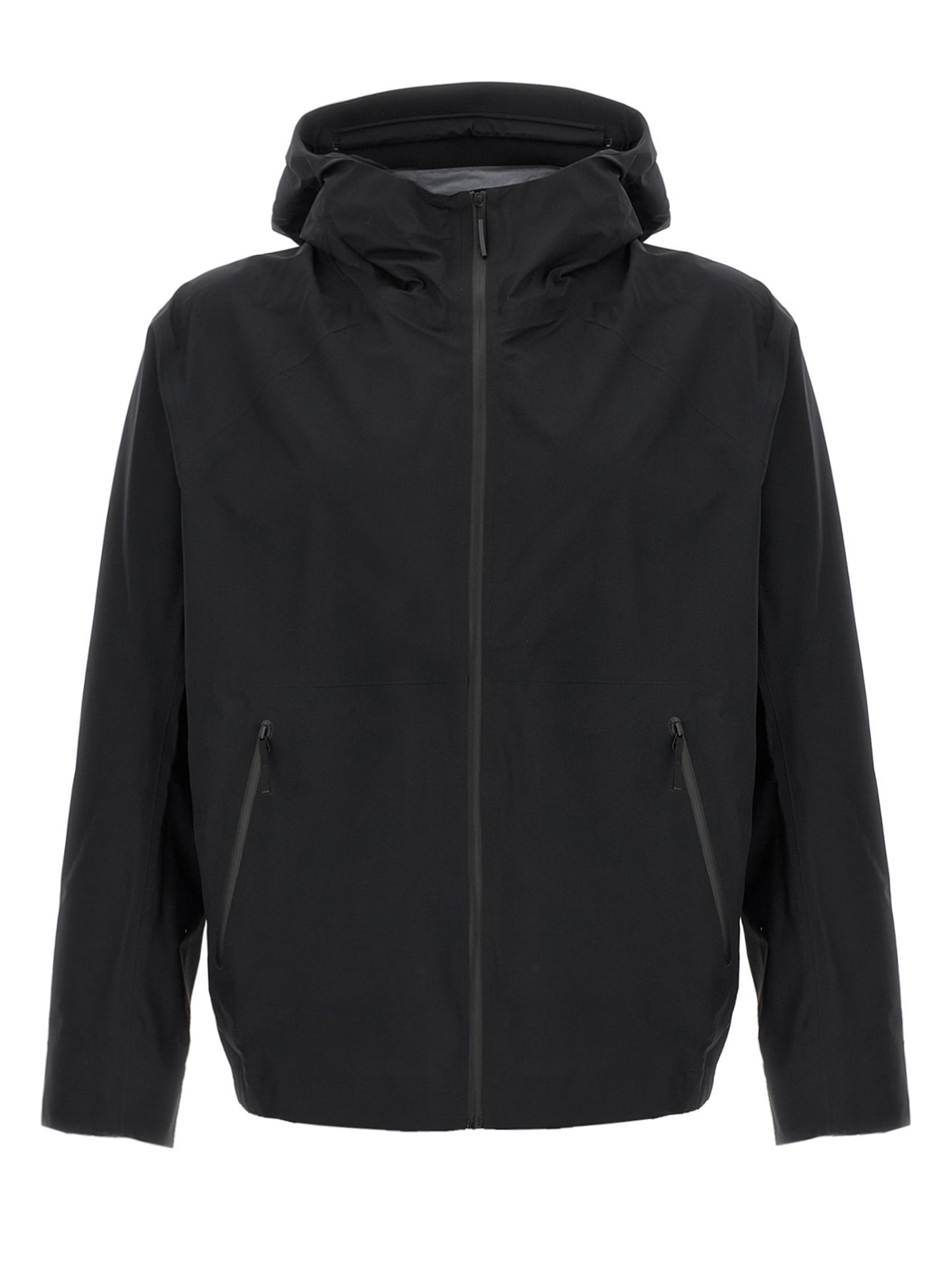 Hooded Windbreaker Jacket by Arc'teryx Veilance for men in nylon & silicone black showcases a urban chic silhouette, detailed with a urban chic hooded neckline and functional lightweight, pockets, hooded & windproof for a polished finish.