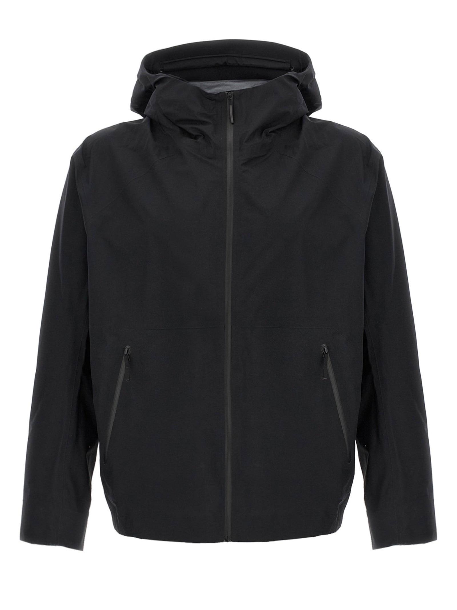 Hooded Windbreaker Jacket by Arc'teryx Veilance for men in nylon & silicone black showcases a urban chic silhouette, detailed with a urban chic hooded neckline and functional lightweight, pockets, hooded & windproof for a polished finish.