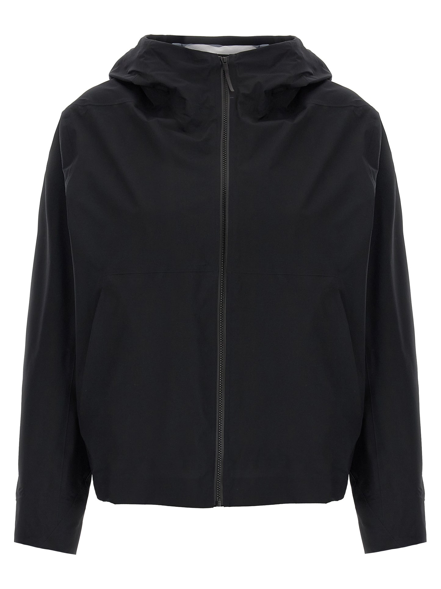 Hooded Windbreaker Jacket by Arc'teryx Veilance for women in nylon & silicone black features an stylish silhouette, showcasing a sophisticated hooded neckline and performance-driven water-resistant, windproof, lightweight, pockets & hooded for a premium, stylish look.