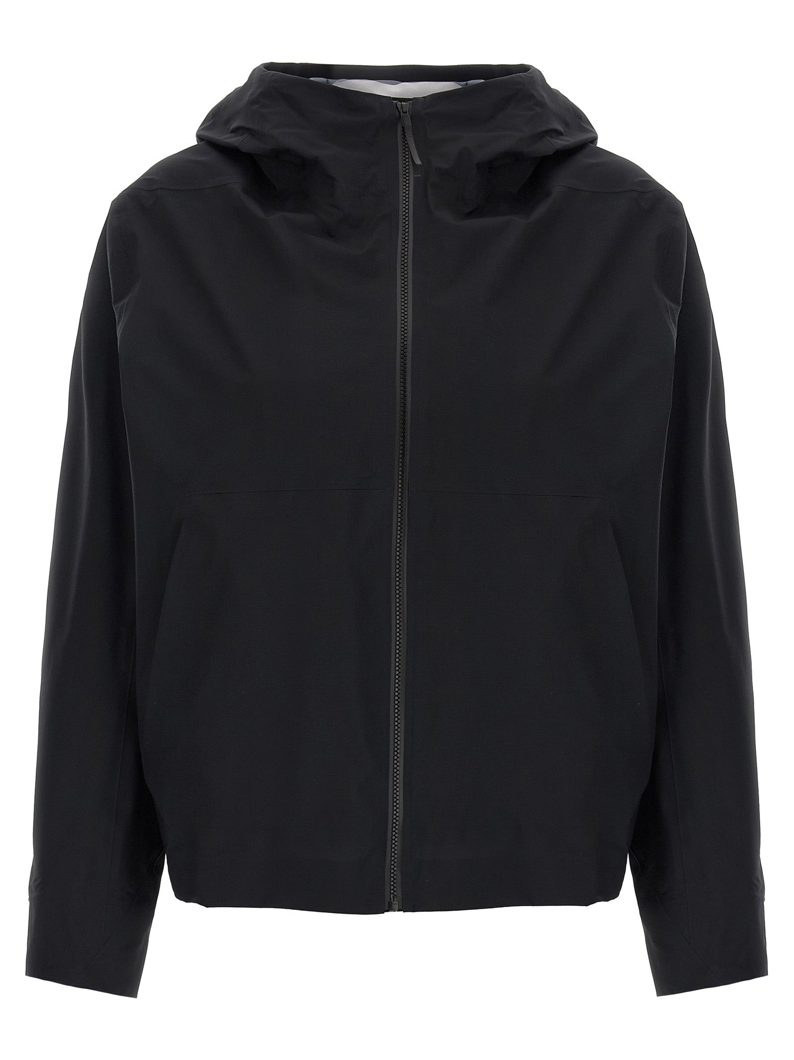 Hooded Windbreaker Jacket by Arc'teryx Veilance for women in nylon & silicone black features an stylish silhouette, showcasing a sophisticated hooded neckline and performance-driven water-resistant, windproof, lightweight, pockets & hooded for a premium, stylish look.