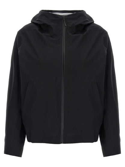 Hooded Windbreaker Jacket by Arc'teryx Veilance for women in nylon & silicone black features an stylish silhouette, showcasing a sophisticated hooded neckline and performance-driven water-resistant, windproof, lightweight, pockets & hooded for a premium, stylish look.