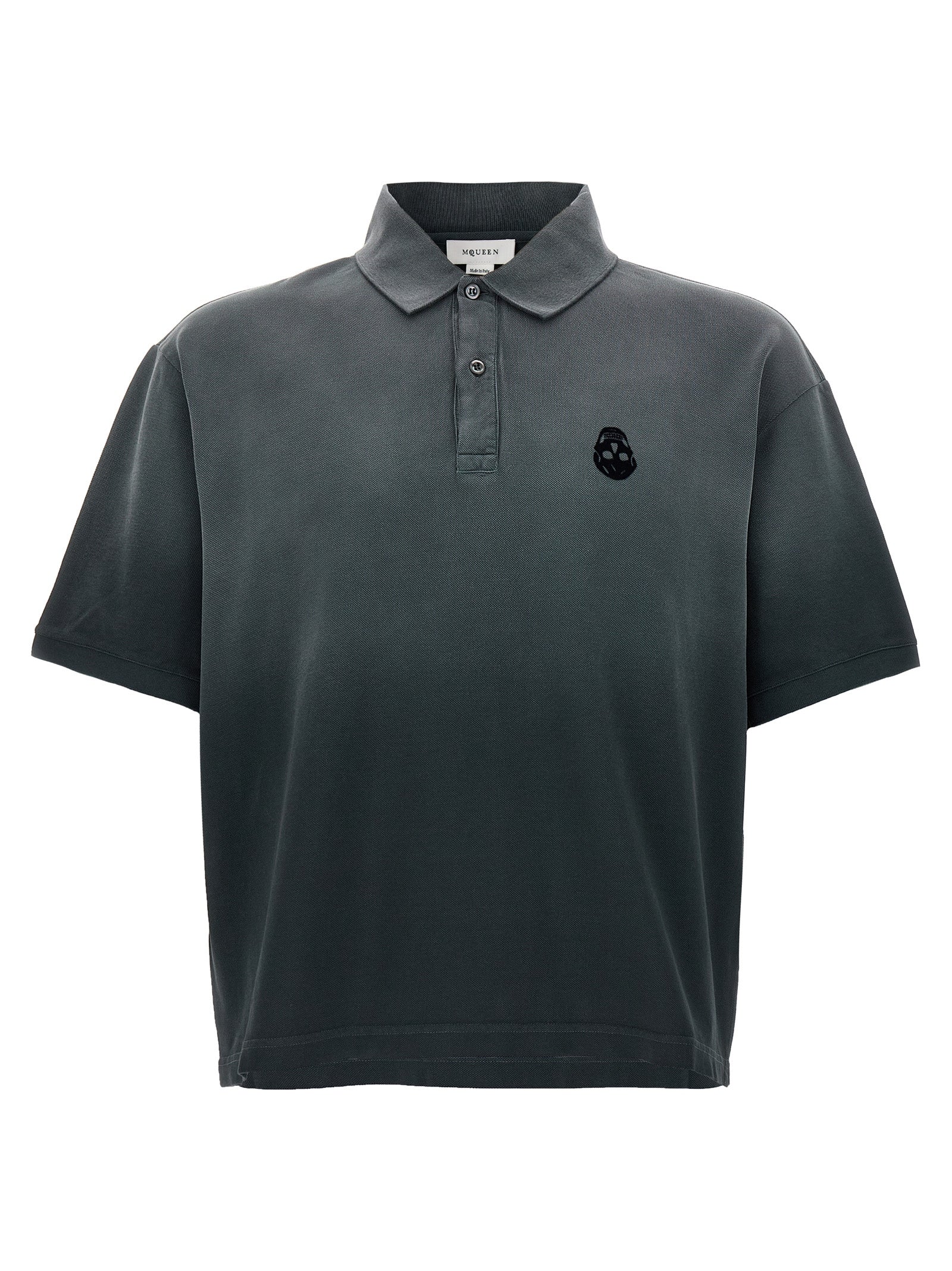 Polo Shirt by Alexander McQueen for men in velvet cotton gradient & gray showcases a sharp silhouette, detailed with a refined and sharp short-sleeve for a sophisticated finish.