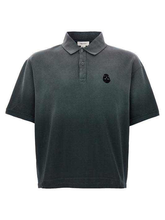 Polo Shirt by Alexander McQueen for men in velvet cotton gradient & gray showcases a sharp silhouette, detailed with a refined and sharp short-sleeve for a sophisticated finish.