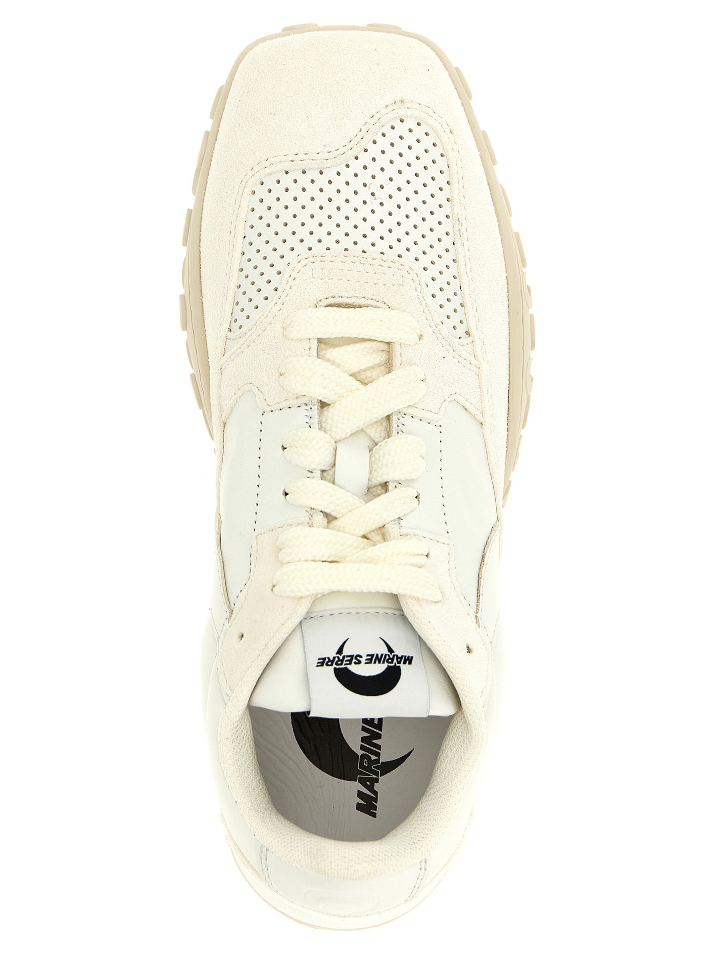 Athletic Sneakers by Marine Serre for women in suede calfskin leather white showcases an impeccable silhouette, defined by an impeccable athletic style design that perfectly captures the essence of the Women's Athletic Suede Calfskin Leather Sneakers.