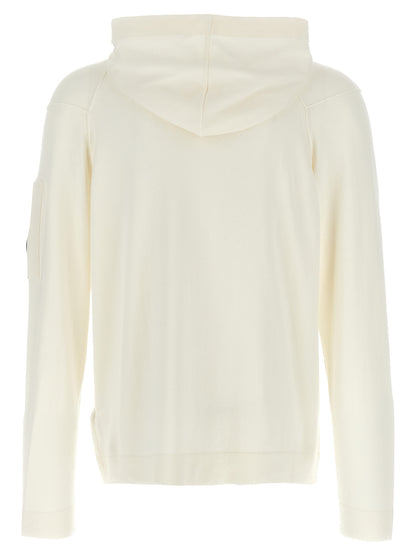 Sweatshirt Hoodie by C.P. Company for men in cotton white & signature features an avant-garde silhouette, showcasing a sophisticated hooded neckline and detail for a truly avant-garde finish.