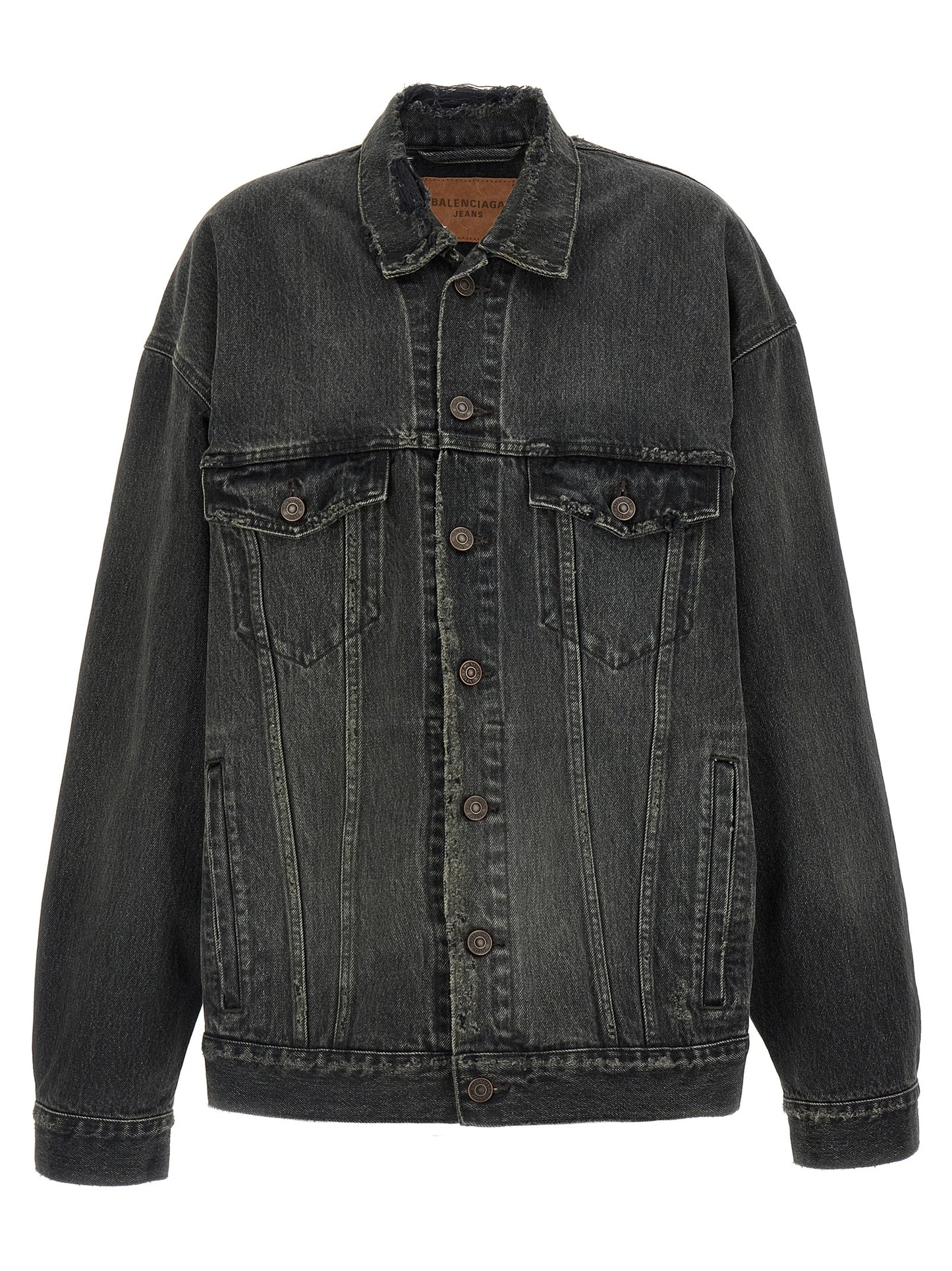 This Trucker Jacket by Balenciaga for women in vinyl & denim cotton gray & print exhibits a edgy silhouette, meticulously detailed with functional pockets and a edgy for a edgy finish.