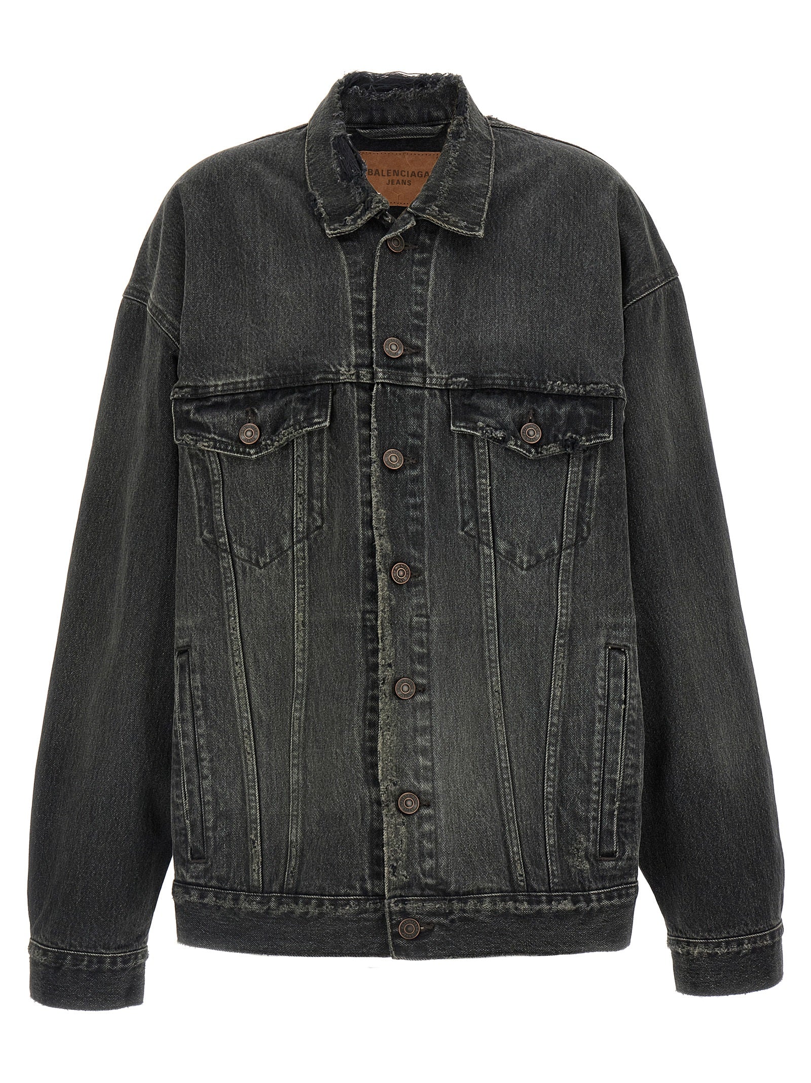 This Trucker Jacket by Balenciaga for women in vinyl & denim cotton gray & print exhibits a edgy silhouette, meticulously detailed with functional pockets and a edgy for a edgy finish.
