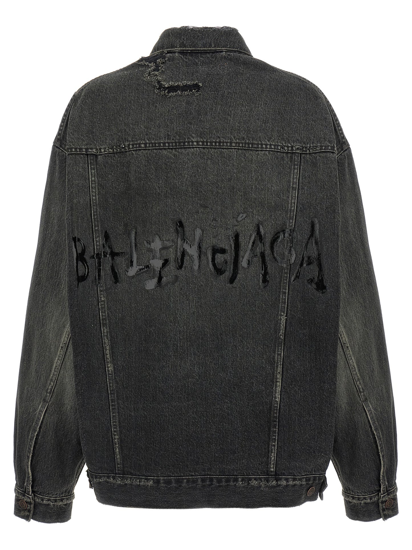 Trucker Jacket by Balenciaga for women in vinyl & denim cotton gray & print features an on trend silhouette, showcasing refined pockets and a sophisticated for a truly on trend finish.