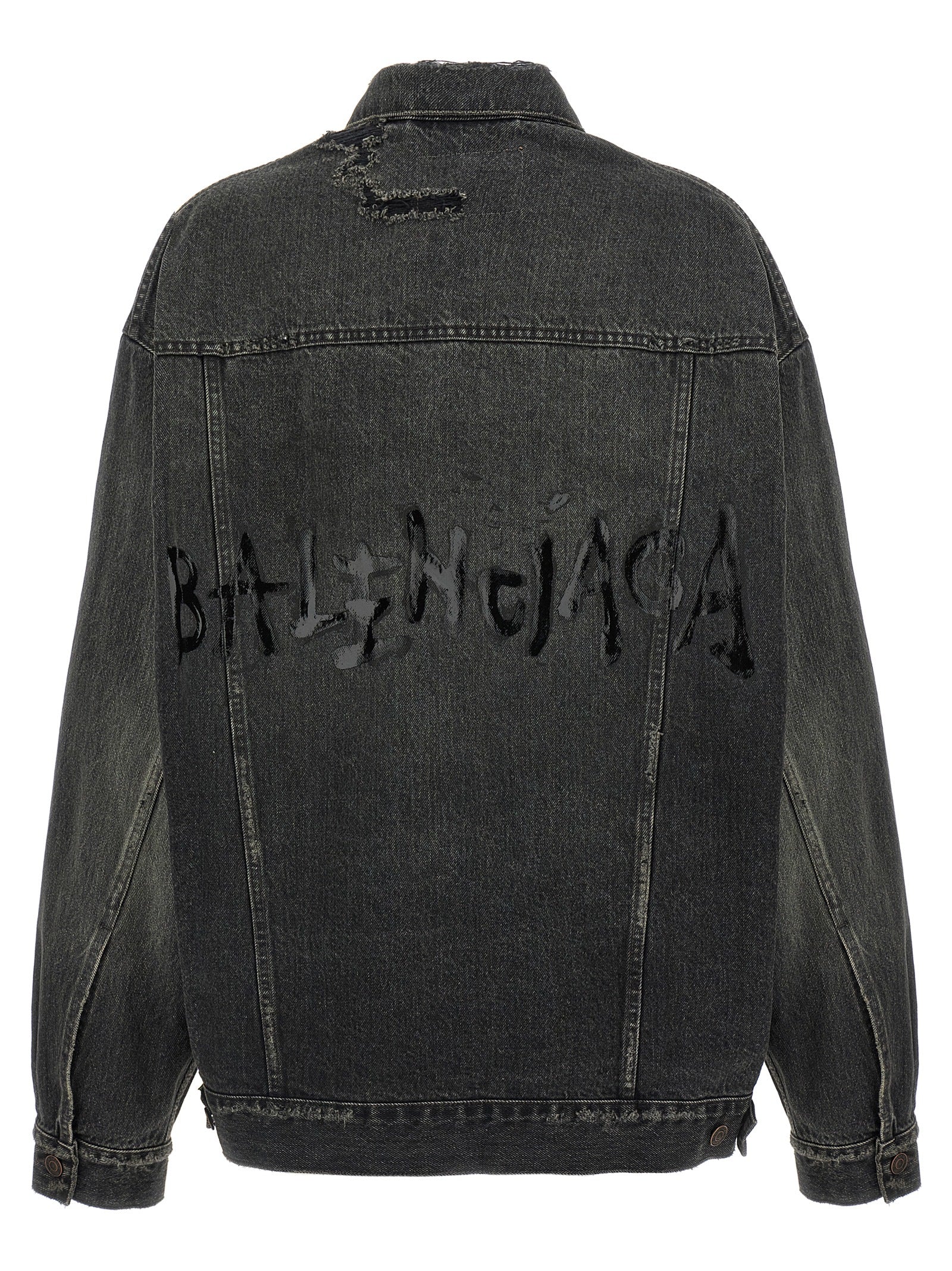 Trucker Jacket by Balenciaga for women in vinyl & denim cotton gray & print features an on trend silhouette, showcasing refined pockets and a sophisticated for a truly on trend finish.