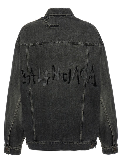 Trucker Jacket by Balenciaga for women in vinyl & denim cotton gray & print features an on trend silhouette, showcasing refined pockets and a sophisticated for a truly on trend finish.