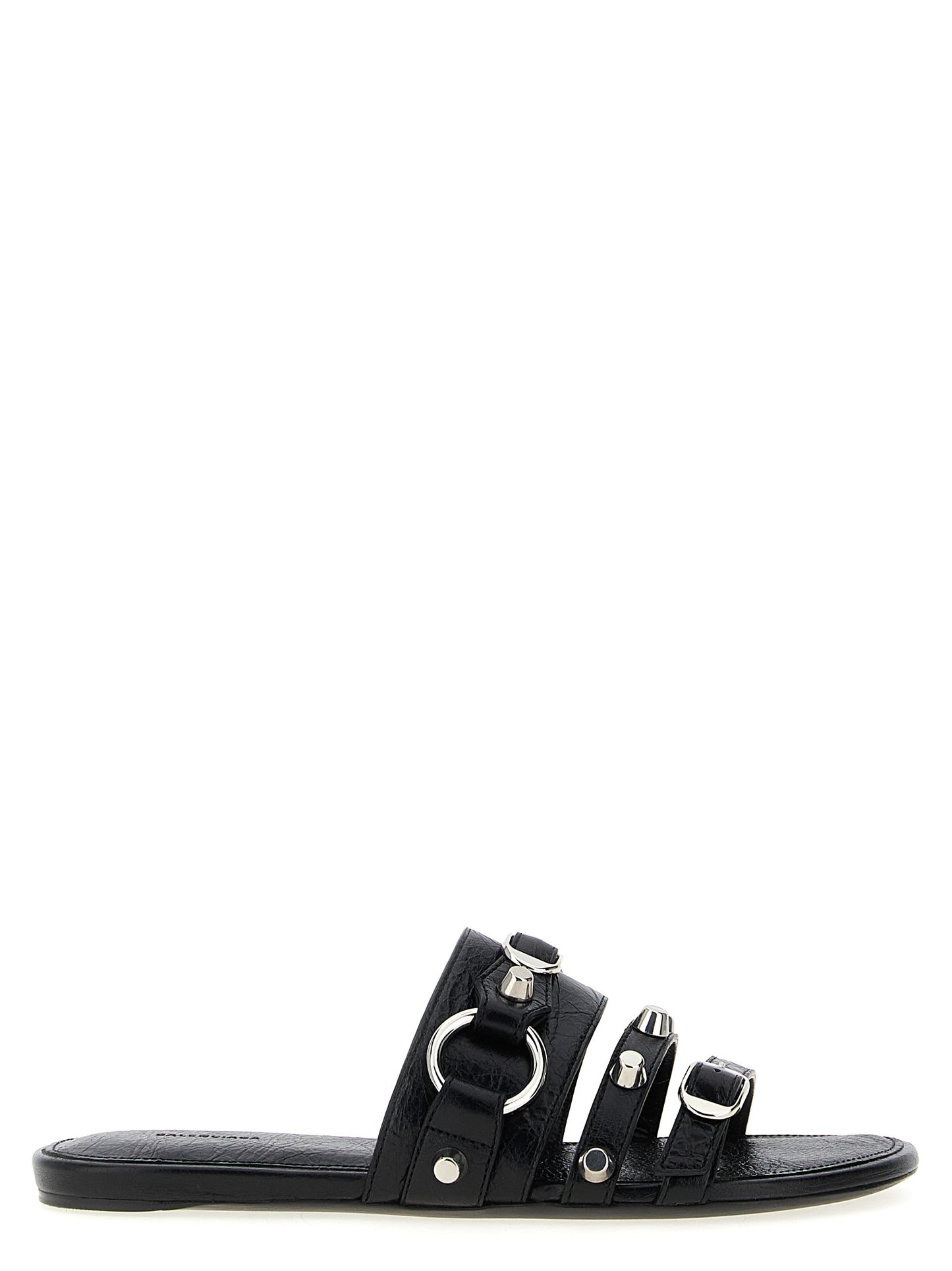 Sliders Flat Shoes by Balenciaga for women in lamb leather black & silver features an statuesque silhouette from the City Women's Lamb Leather Sliders Flat Shoes collection, showcasing a and a statuesque for a statuesque look.