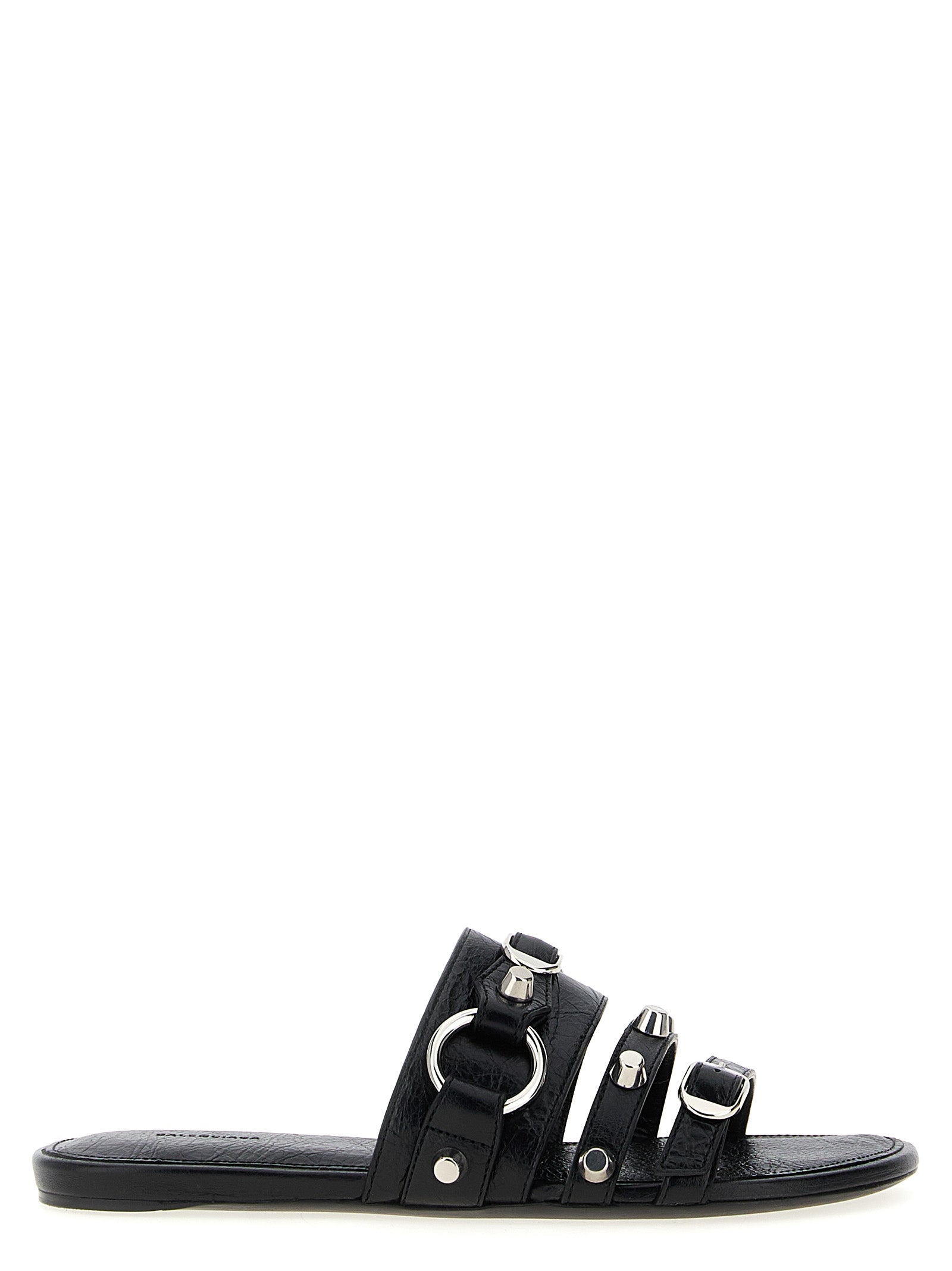 Sliders Flat Shoes by Balenciaga for women in lamb leather black & silver features an statuesque silhouette from the City Women's Lamb Leather Sliders Flat Shoes collection, showcasing a and a statuesque for a statuesque look.