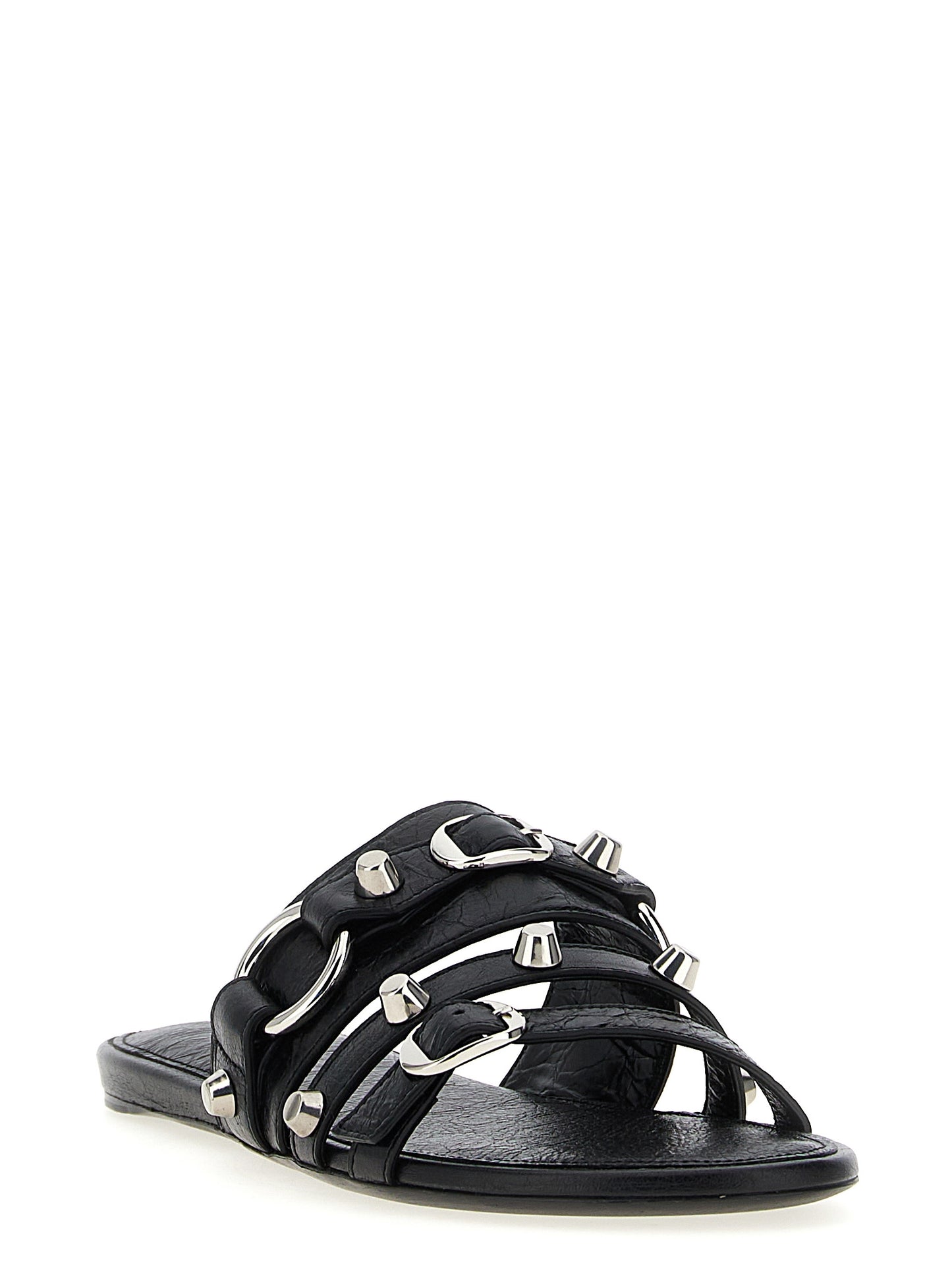 Sliders Flat Shoes by Balenciaga for women in lamb leather black & silver showcases a enchanting silhouette as part of the City Women's Lamb Leather Sliders Flat Shoes collection, defined by a enchanting and for a enchanting look.