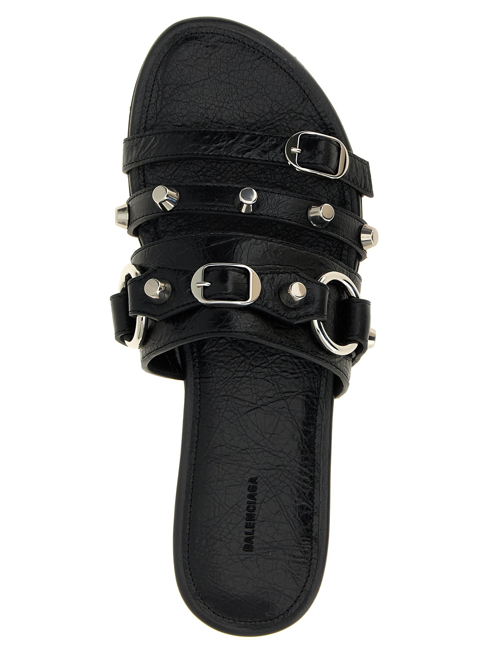 Sliders Flat Shoes by Balenciaga for women in lamb leather black & silver presents a effortless chic silhouette, showcasing the City Women's Lamb Leather Sliders Flat Shoes design with a effortless chic and for a sophisticated look.