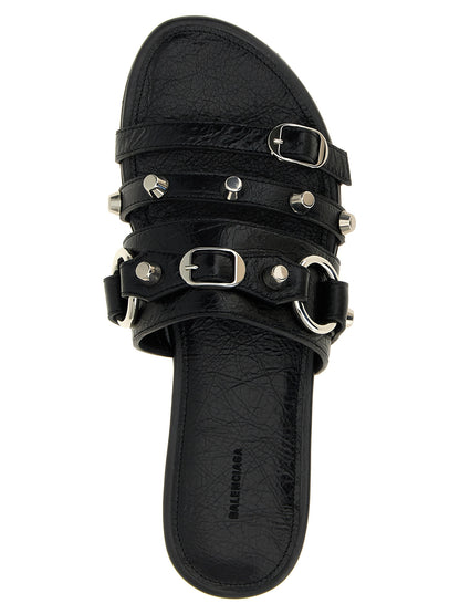 Sliders Flat Shoes by Balenciaga for women in lamb leather black & silver presents a effortless chic silhouette, showcasing the City Women's Lamb Leather Sliders Flat Shoes design with a effortless chic and for a sophisticated look.