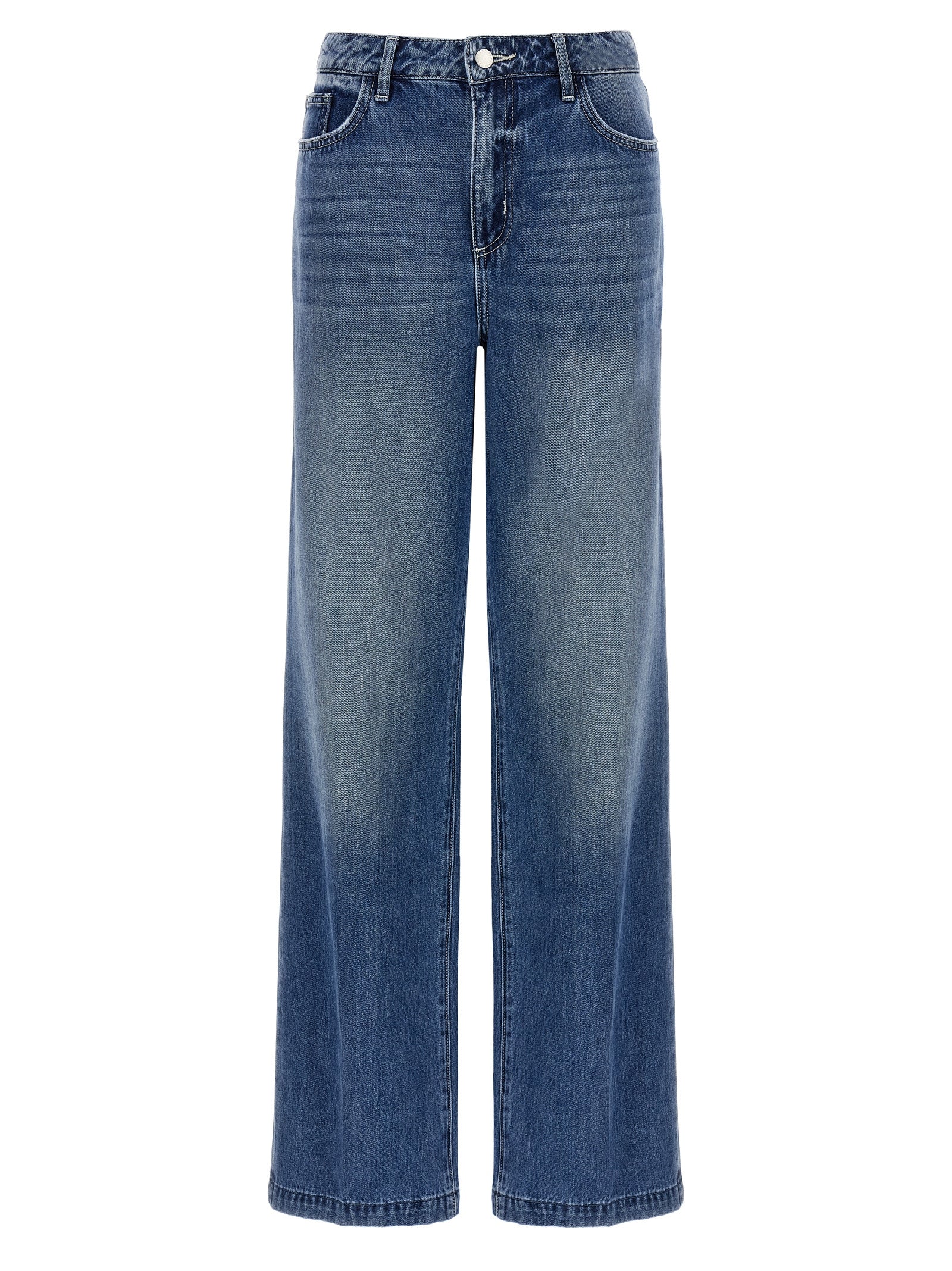 Jeans by L'Agence for women in denim cotton blue features a polished silhouette with a polished wide, reaching a polished short and finished with a polished high rise.