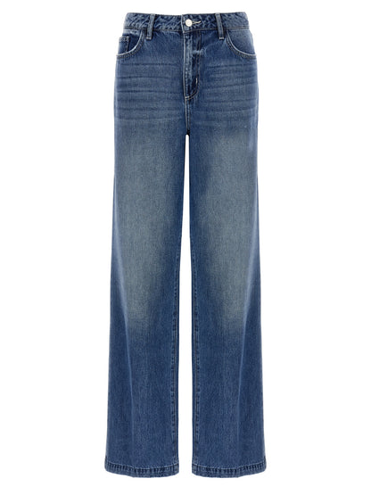 Jeans by L'Agence for women in denim cotton blue features a polished silhouette with a polished wide, reaching a polished short and finished with a polished high rise.