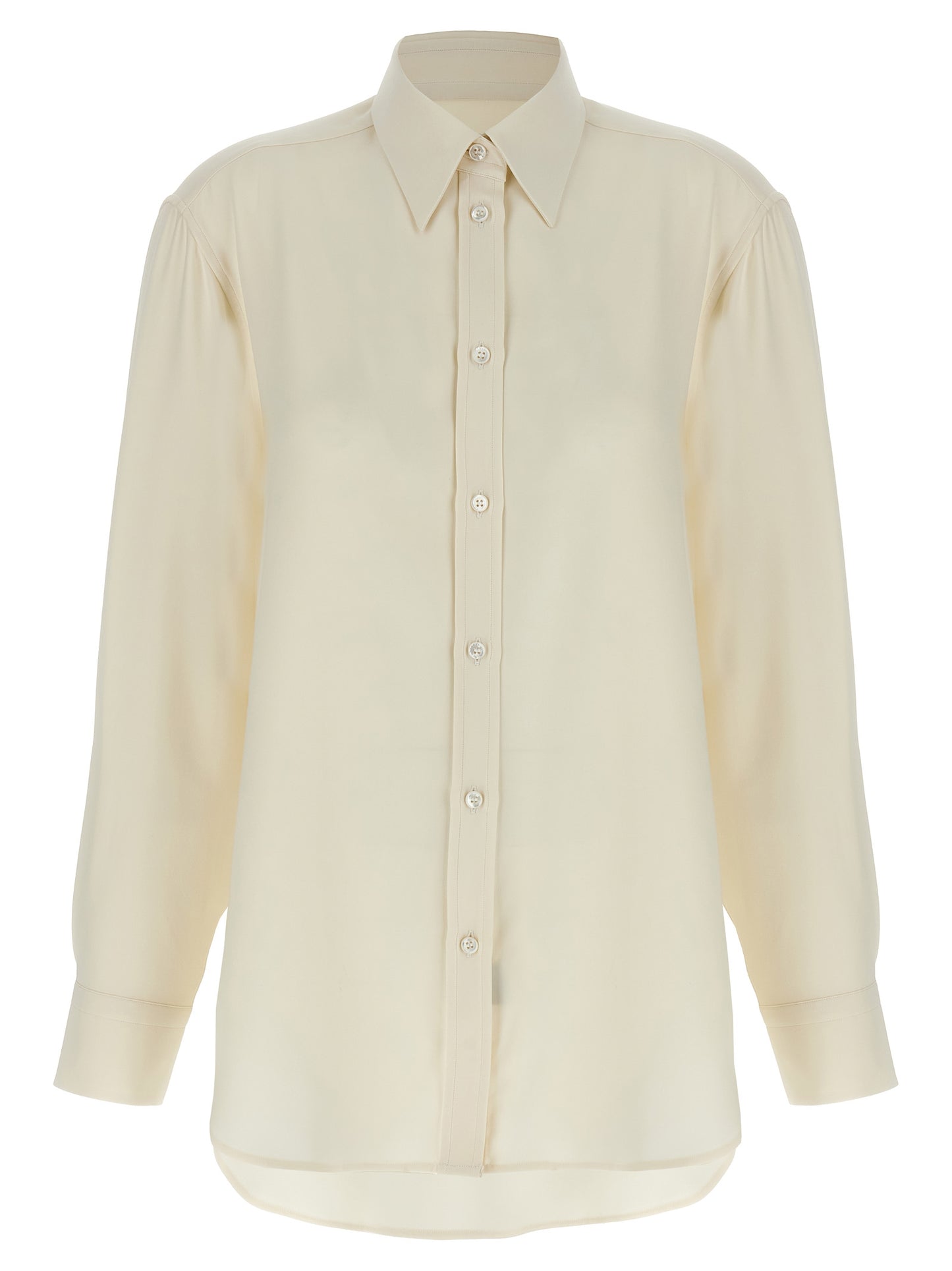 Blouse by Brioni for women in silk white showcases a sharp silhouette, elegantly detailed with a sharp and sharp .