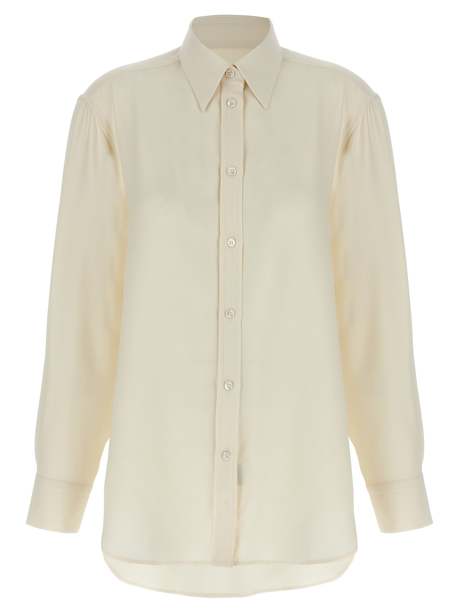 Blouse by Brioni for women in silk white showcases a sharp silhouette, elegantly detailed with a sharp and sharp .