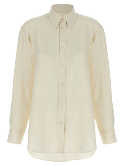 Blouse by Brioni for women in silk white showcases a sharp silhouette, elegantly detailed with a sharp and sharp .