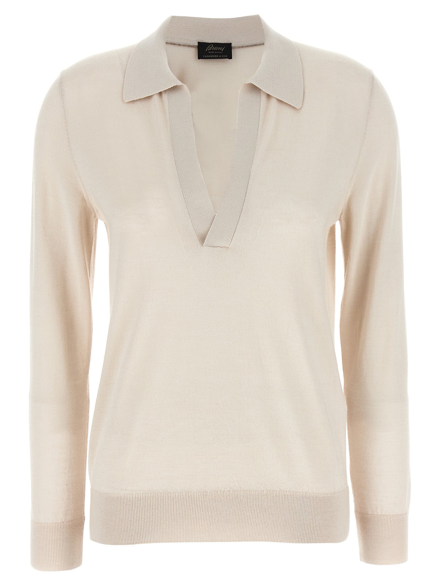 Polo Shirt by Brioni for women in cashmere silk beige presents a distinguished silhouette, showcasing a sophisticated v-neck neckline and distinguished long-sleeve for a truly distinguished finish.